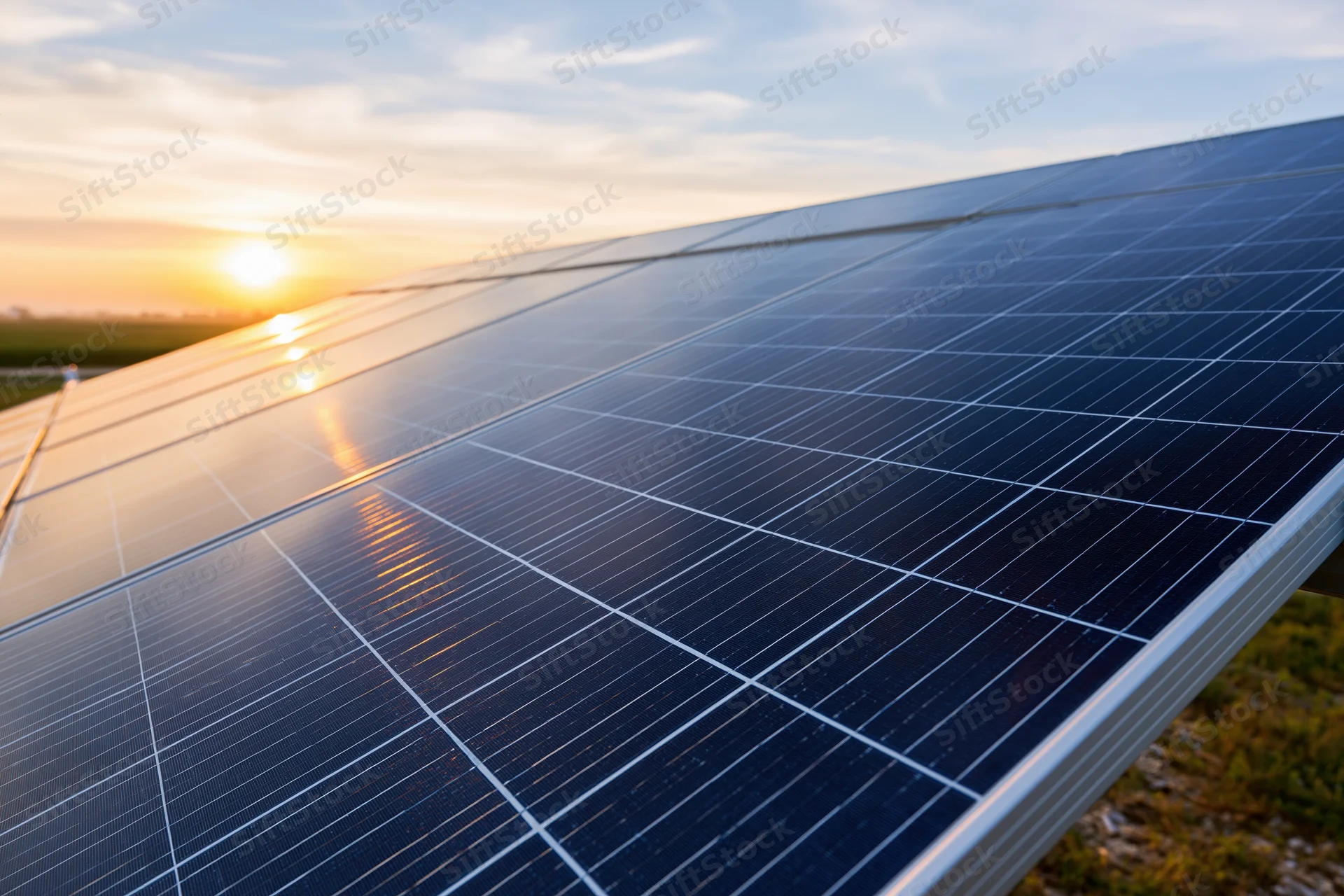 Rows of solar panels angled toward the horizon at sunset in a rural field
