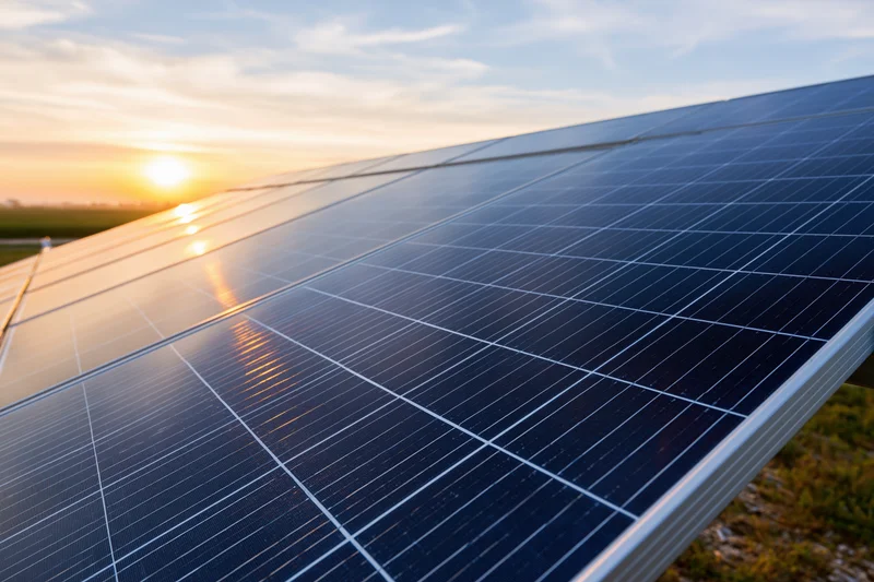 Rows of solar panels angled toward the horizon at sunset in a rural field