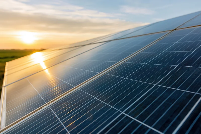 Rows of solar panels angled toward the horizon at sunset in a rural field