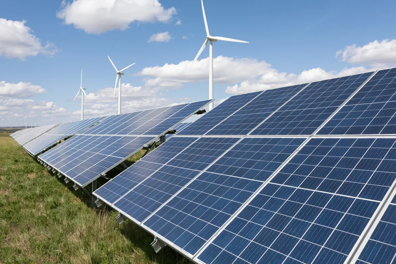 Rows of solar panels angled toward the sky in a grassy field with wind turbines in the background