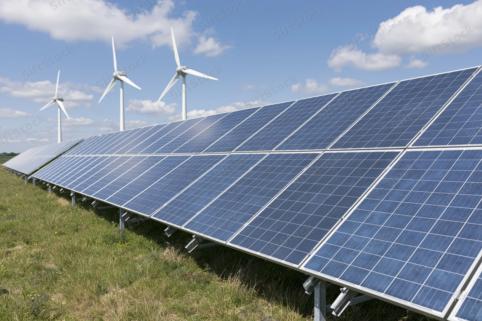 Rows of solar panels angled toward the sky in a grassy field with wind turbines in the background