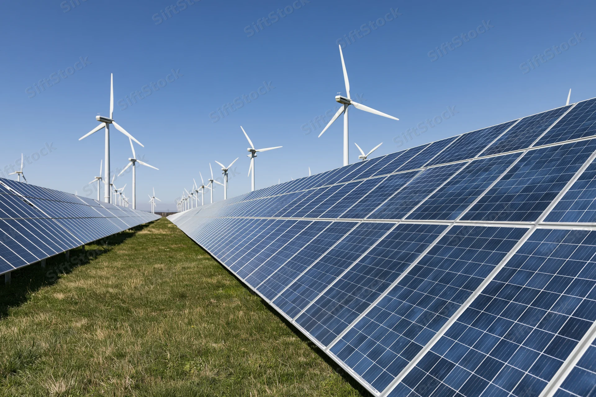 Rows of solar panels arranged in symmetrical converging lines with wind turbines in the background on a grassy field under a clear blue sky