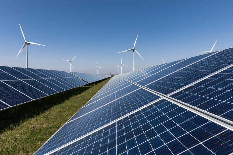 Rows of solar panels arranged in symmetrical converging lines with wind turbines in the background on a grassy field under a clear blue sky