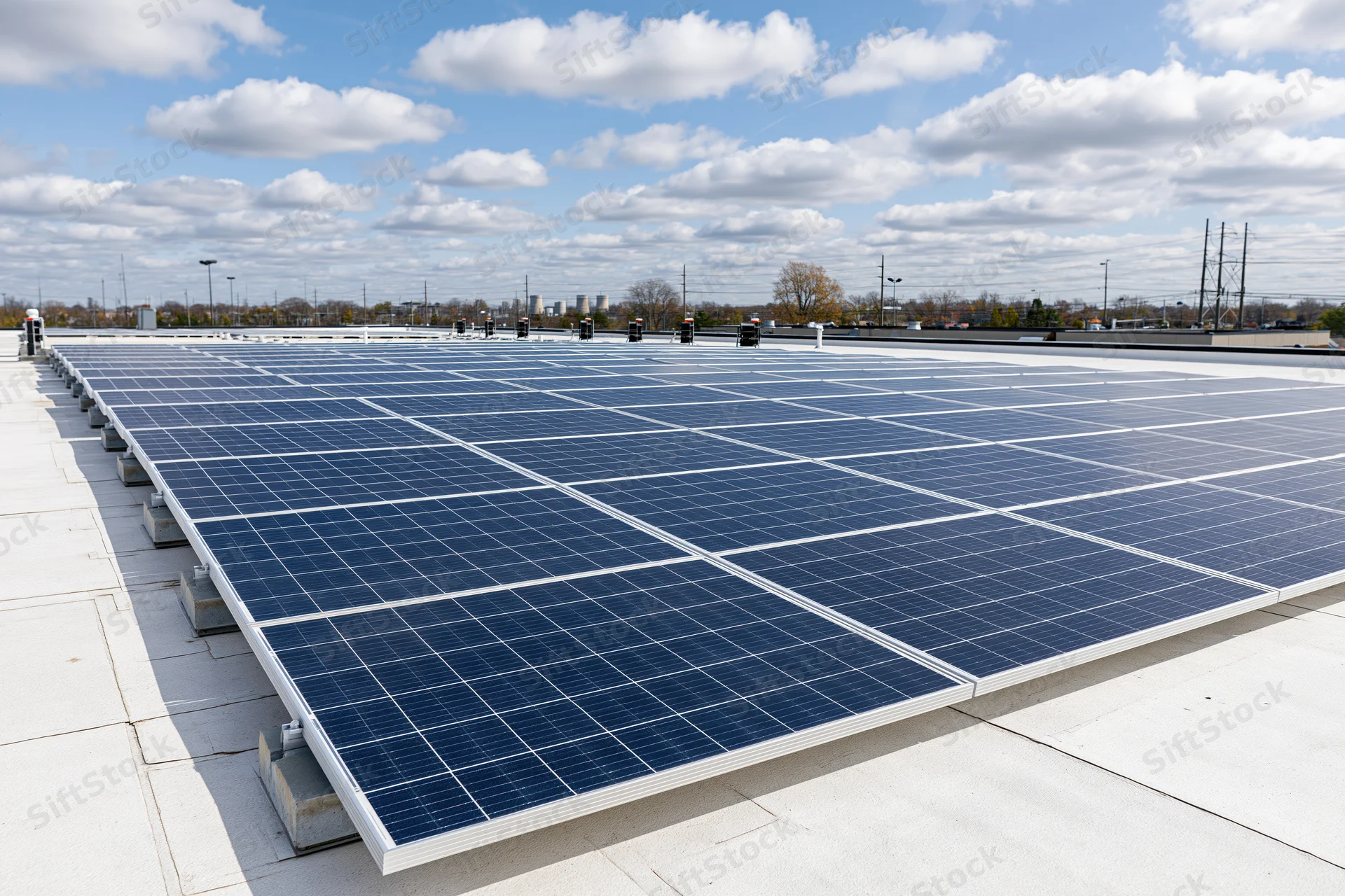 Rows of solar panels arranged in grid pattern on flat commercial rooftop under partly cloudy sky