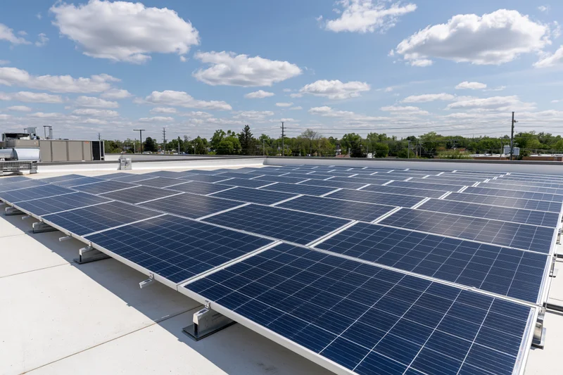 Rows of solar panels arranged in grid pattern on flat commercial rooftop under partly cloudy sky
