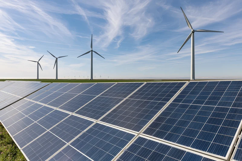 Rows of solar panels in front of wind turbines on a flat rural field under a blue sky with wispy clouds