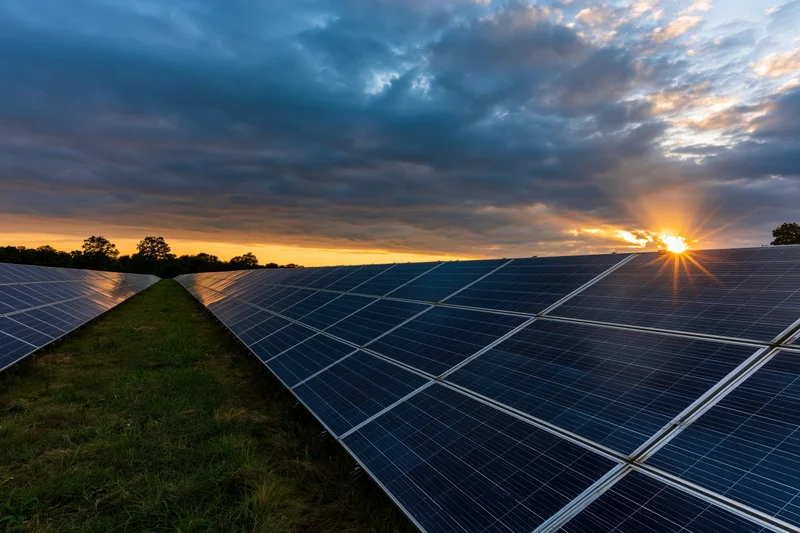 Rows of solar panels aligned in a grass field at sunset under a cloudy sky