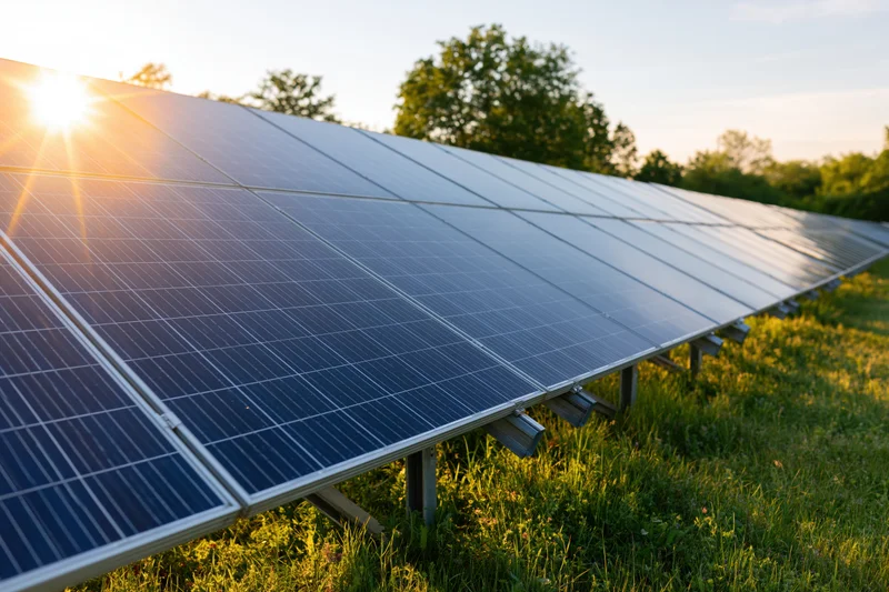 Rows of solar panels installed on a grassy field at low angle during daytime