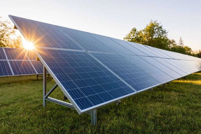 Rows of solar panels installed on a grassy field low-angle view with sun shining behind