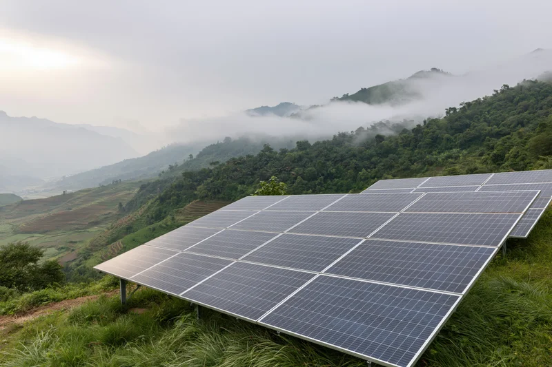 Solar panels installed on a grassy hillside overlooking misty mountains and terraced fields