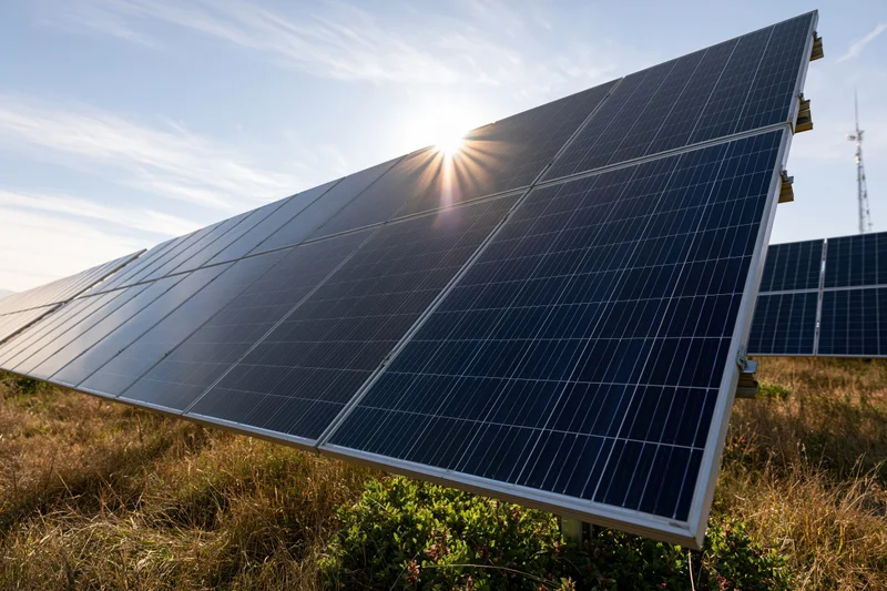 Rows of solar panels angled toward the sun on open grassy land