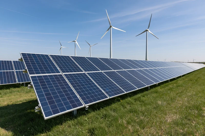 Rows of solar panels and wind turbines arranged across a flat green field under a clear blue sky