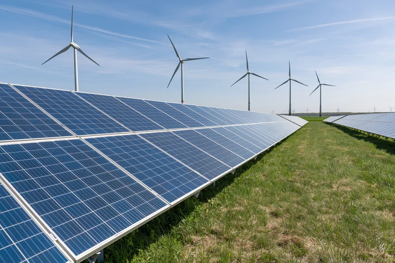 Rows of solar panels and wind turbines arranged in a flat green field under a blue sky