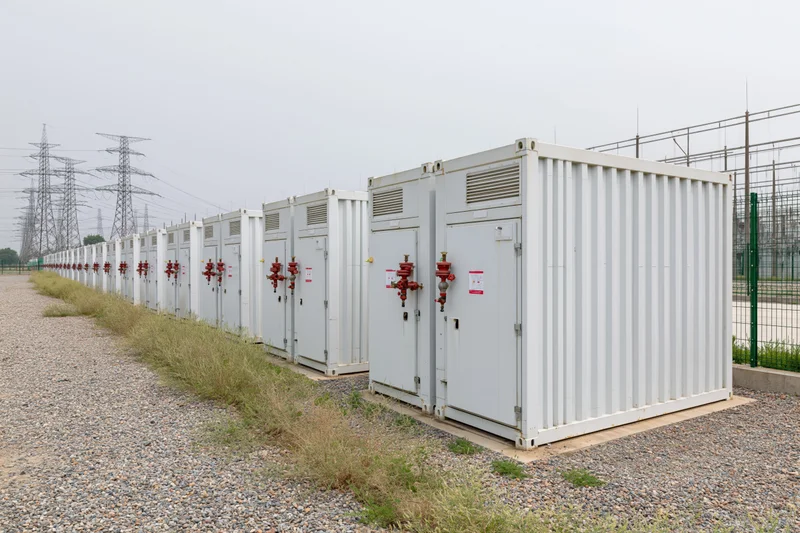 Rows of white industrial battery energy storage containers arranged outdoors near power transmission lines