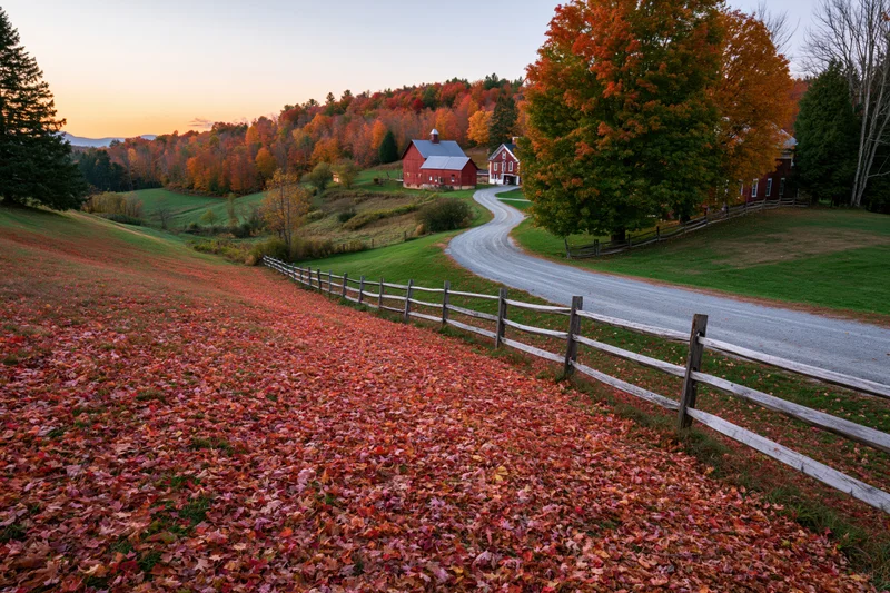 Autumn foliage covers a hillside farm in vermont with a red barn and winding gravel road