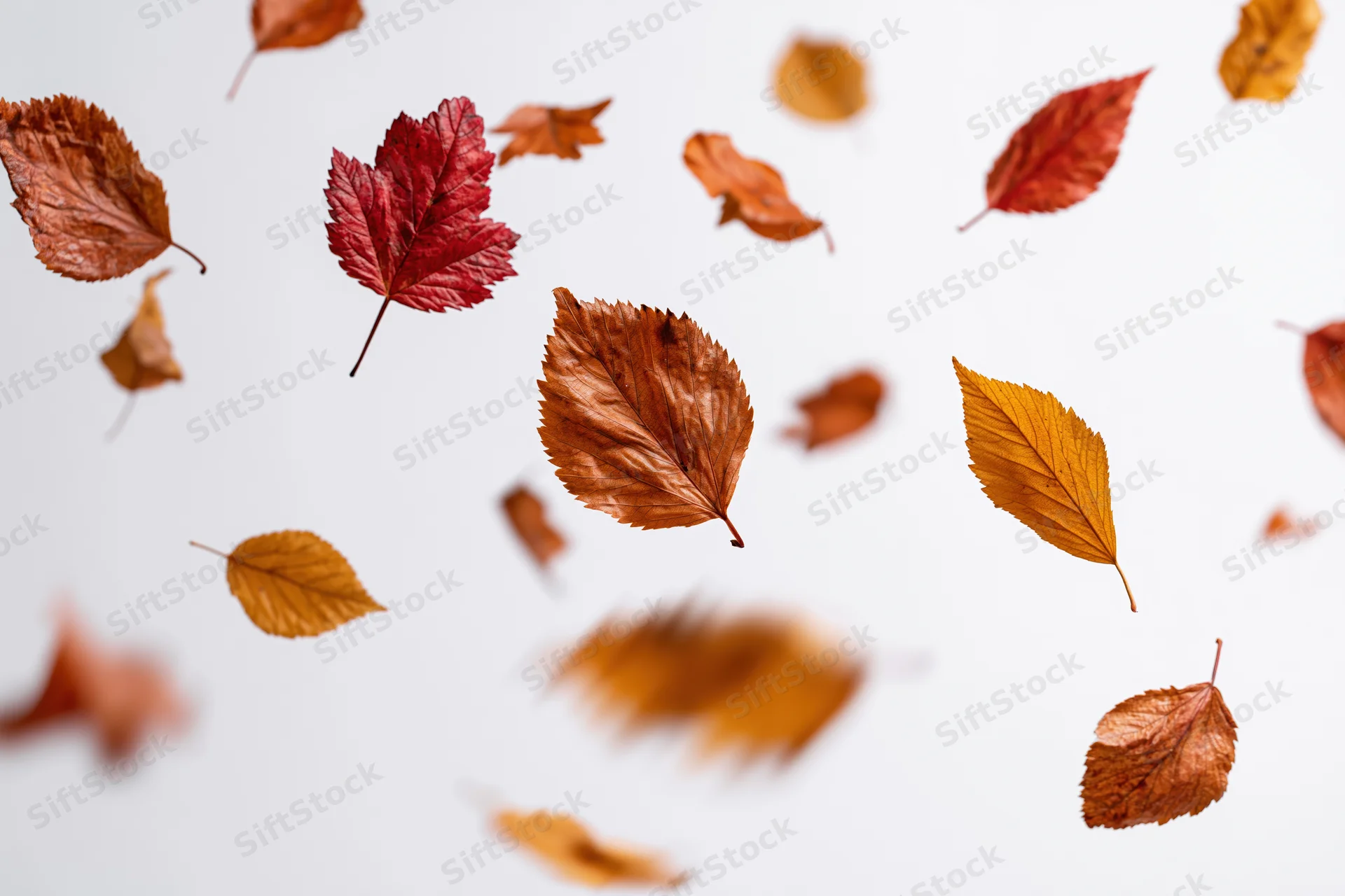 Scattered autumn leaves falling midair against a white background