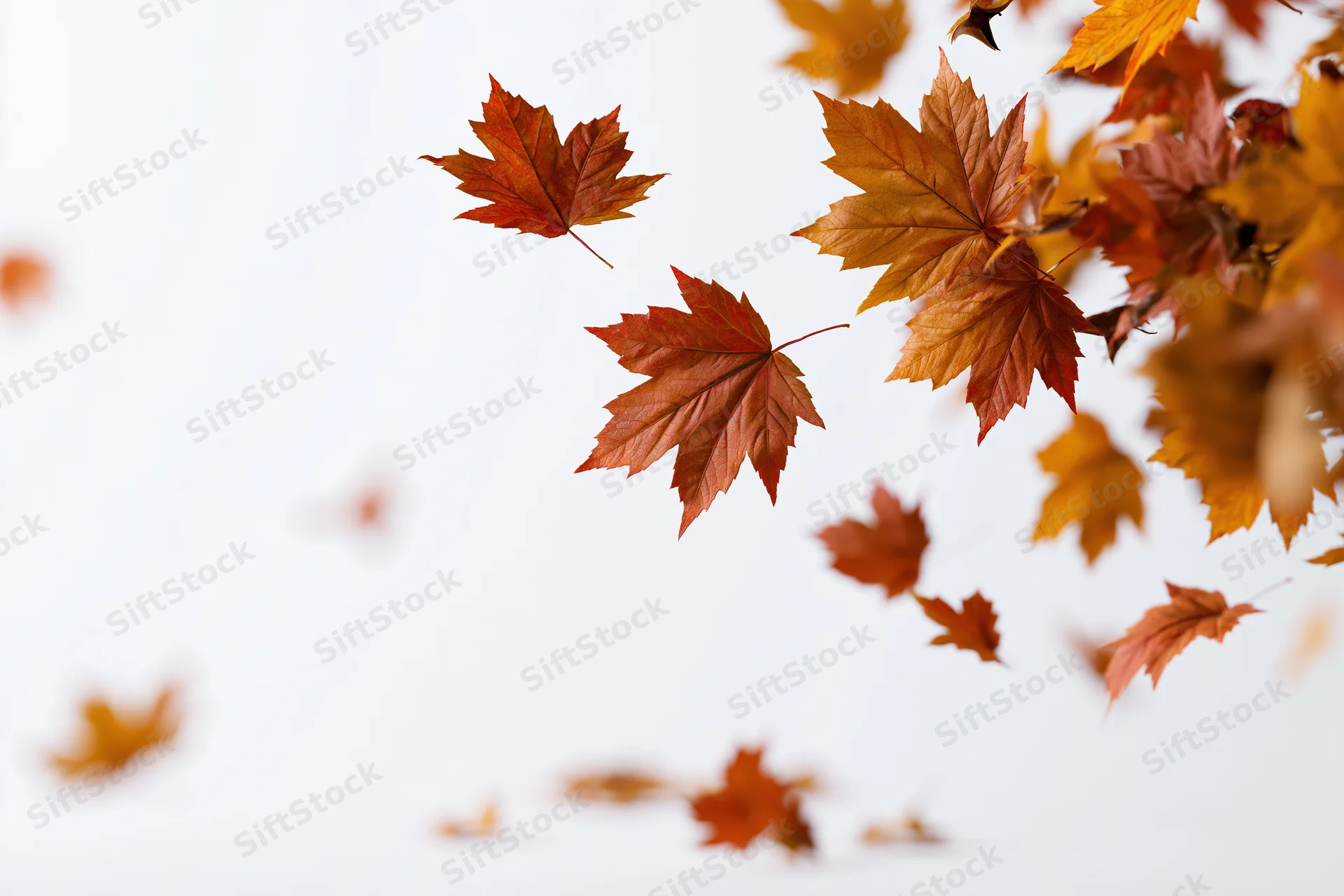 Scattered autumn maple leaves falling and floating mid-air against a white background with copyspace
