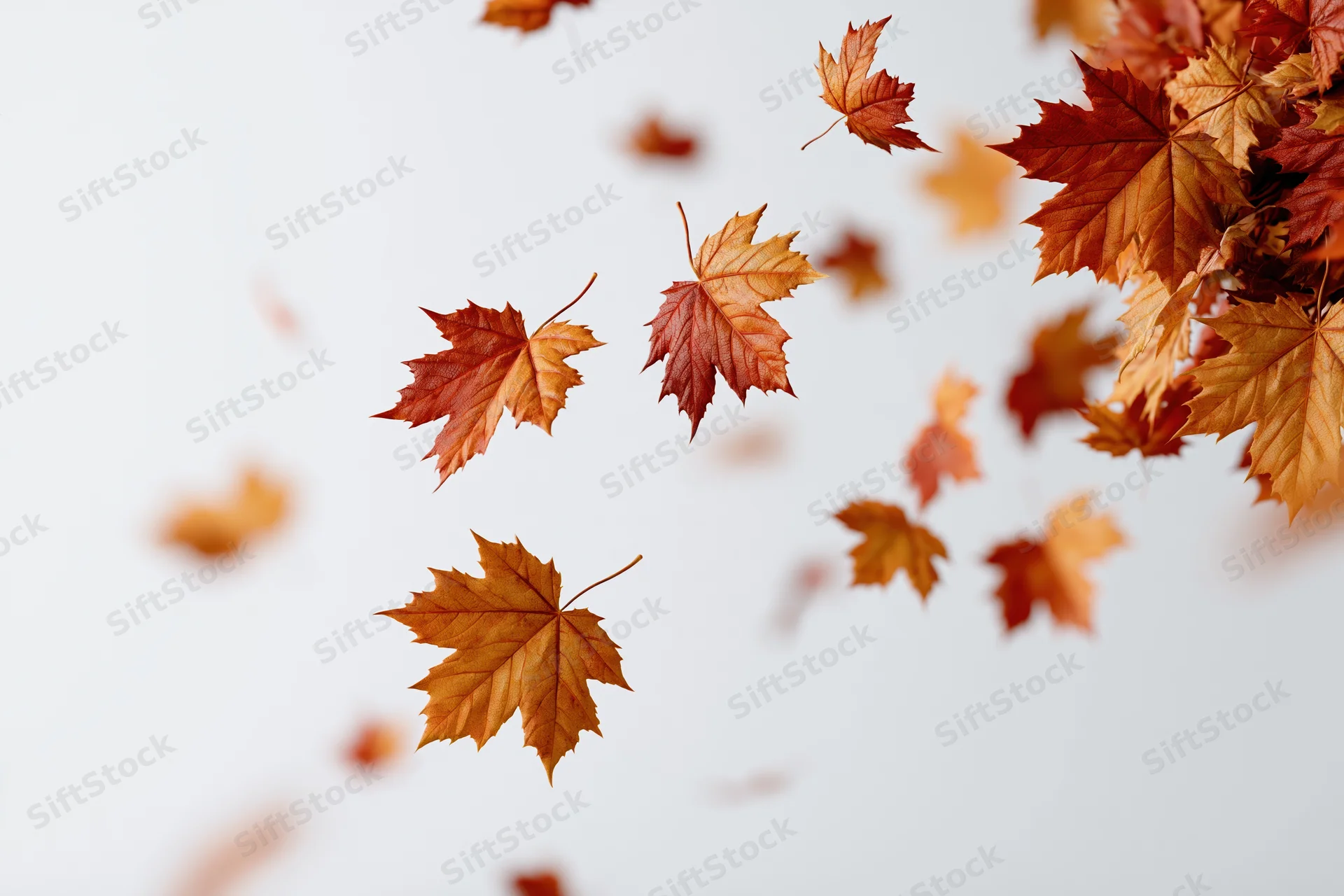 Maple leaves falling and floating mid-air against a white background with copyspace