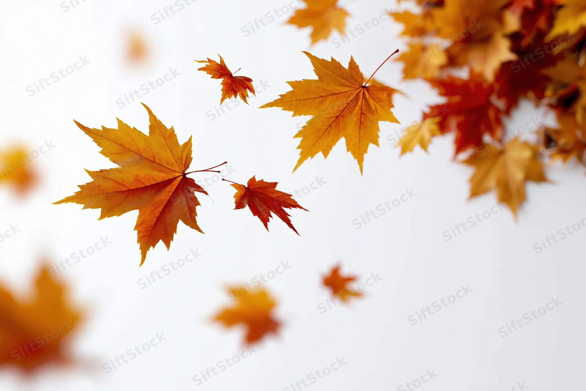 Scattered autumn maple leaves falling and floating mid-air against white background