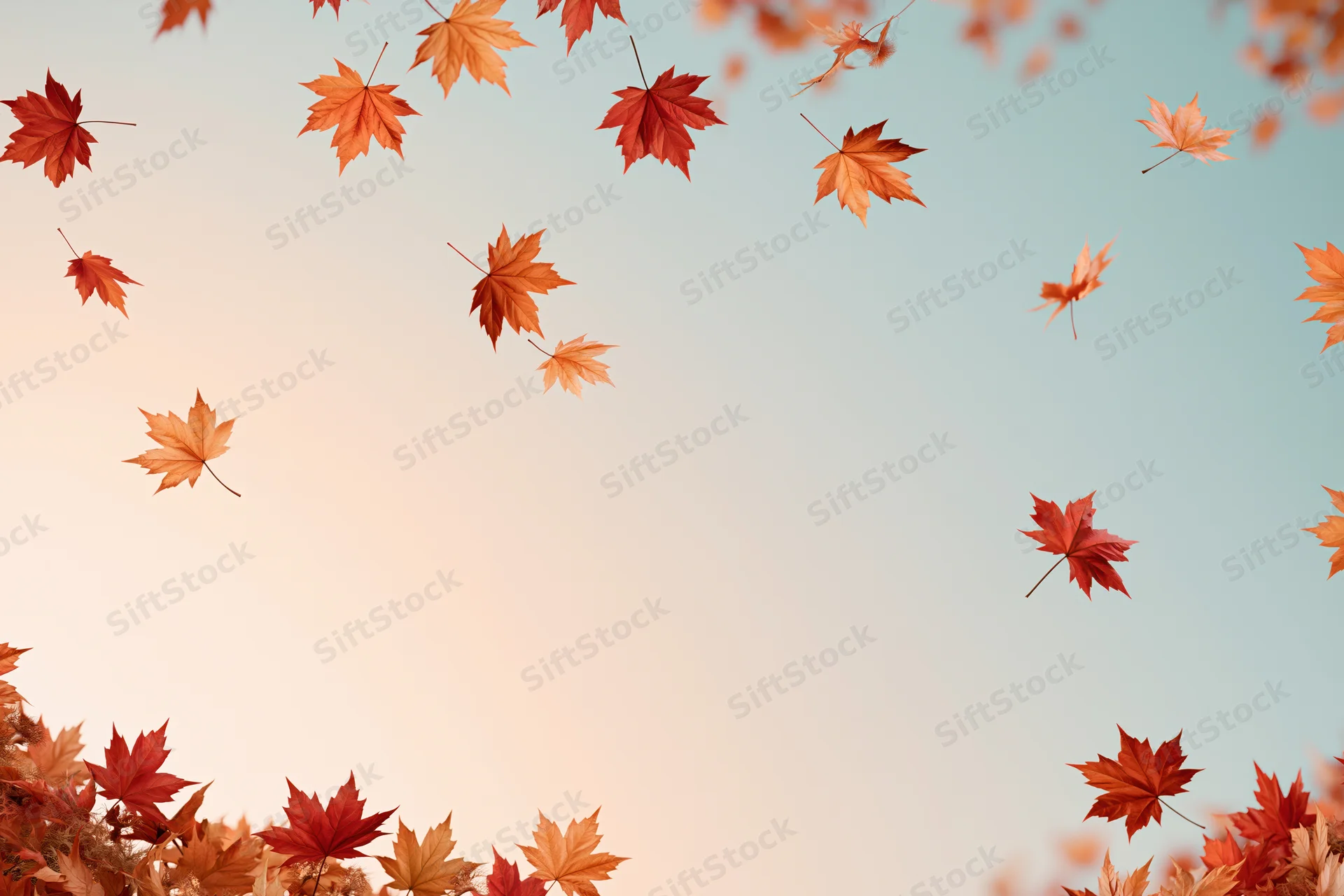 Maple leaves falling and floating against a soft gradient sky with copyspace