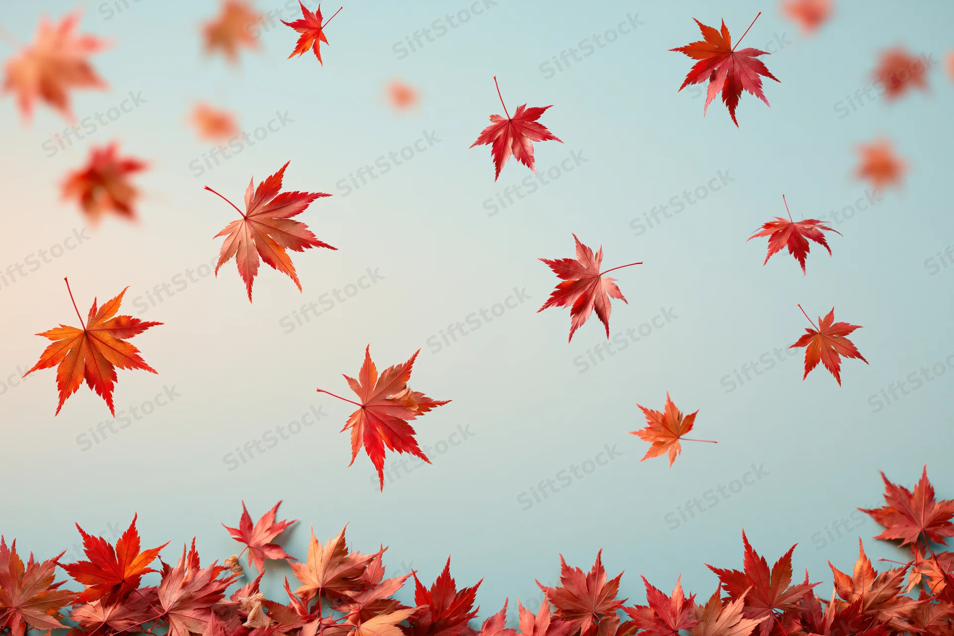 Maple leaves falling and floating against a light blue gradient sky with a border of leaves at the bottom
