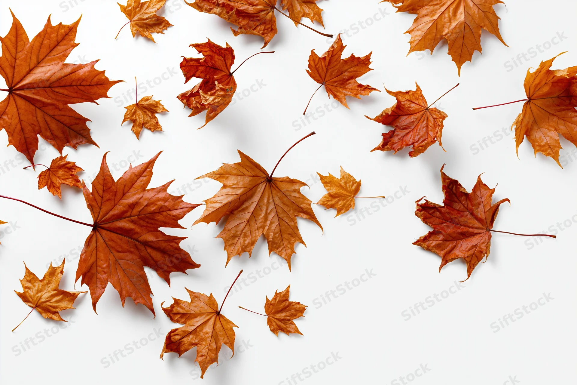 Scattered autumn maple leaves floating on white background