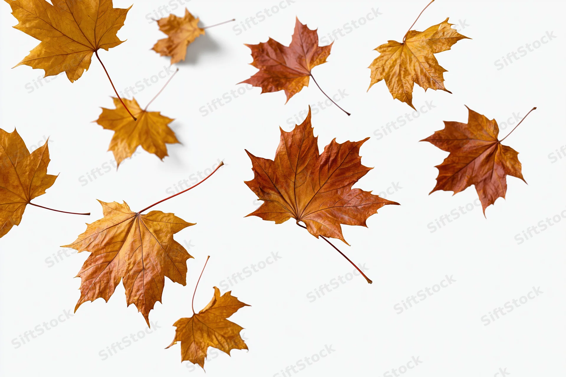 Scattered maple leaves falling against a white background