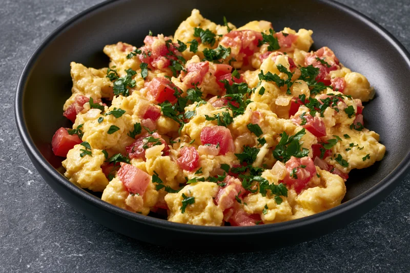Scrambled eggs with diced tomatoes onions and fresh parsley in a black bowl