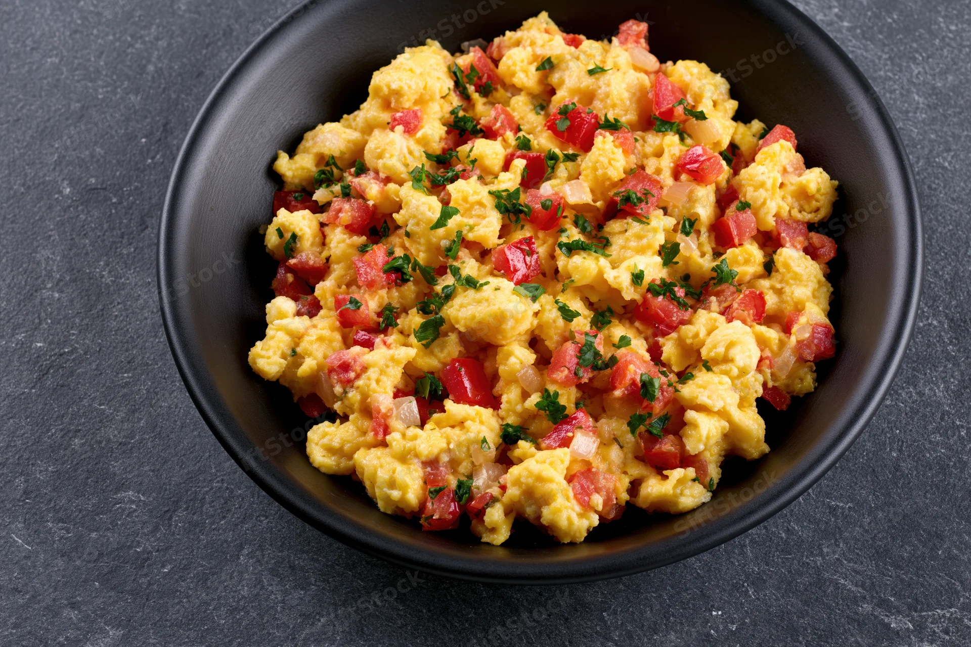 Scrambled eggs with diced tomatoes onions and fresh parsley in a black bowl on dark surface
