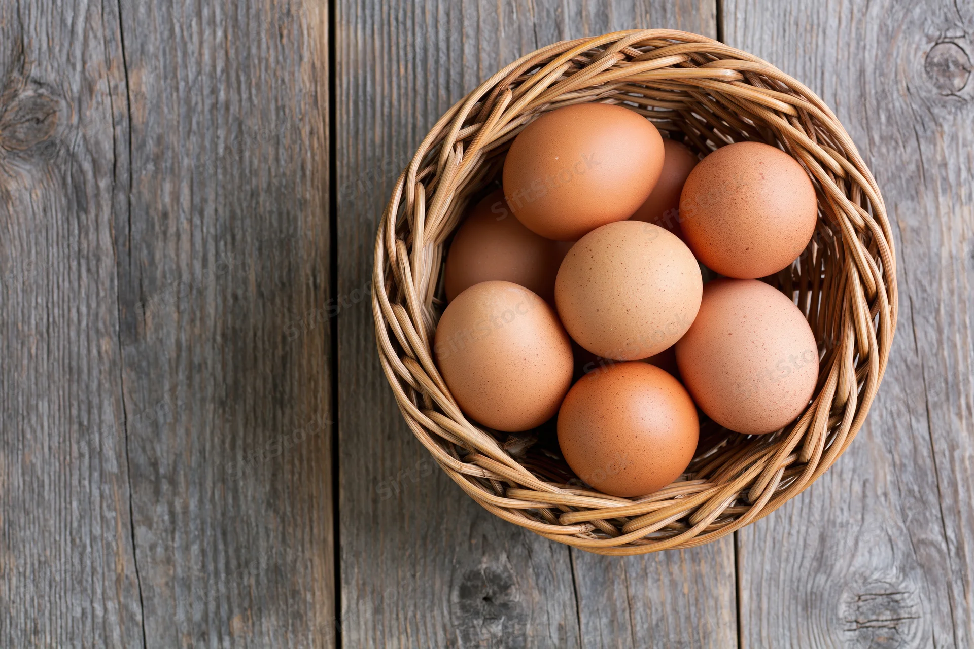 Brown chicken eggs arranged in a round wicker basket on a rustic wooden table