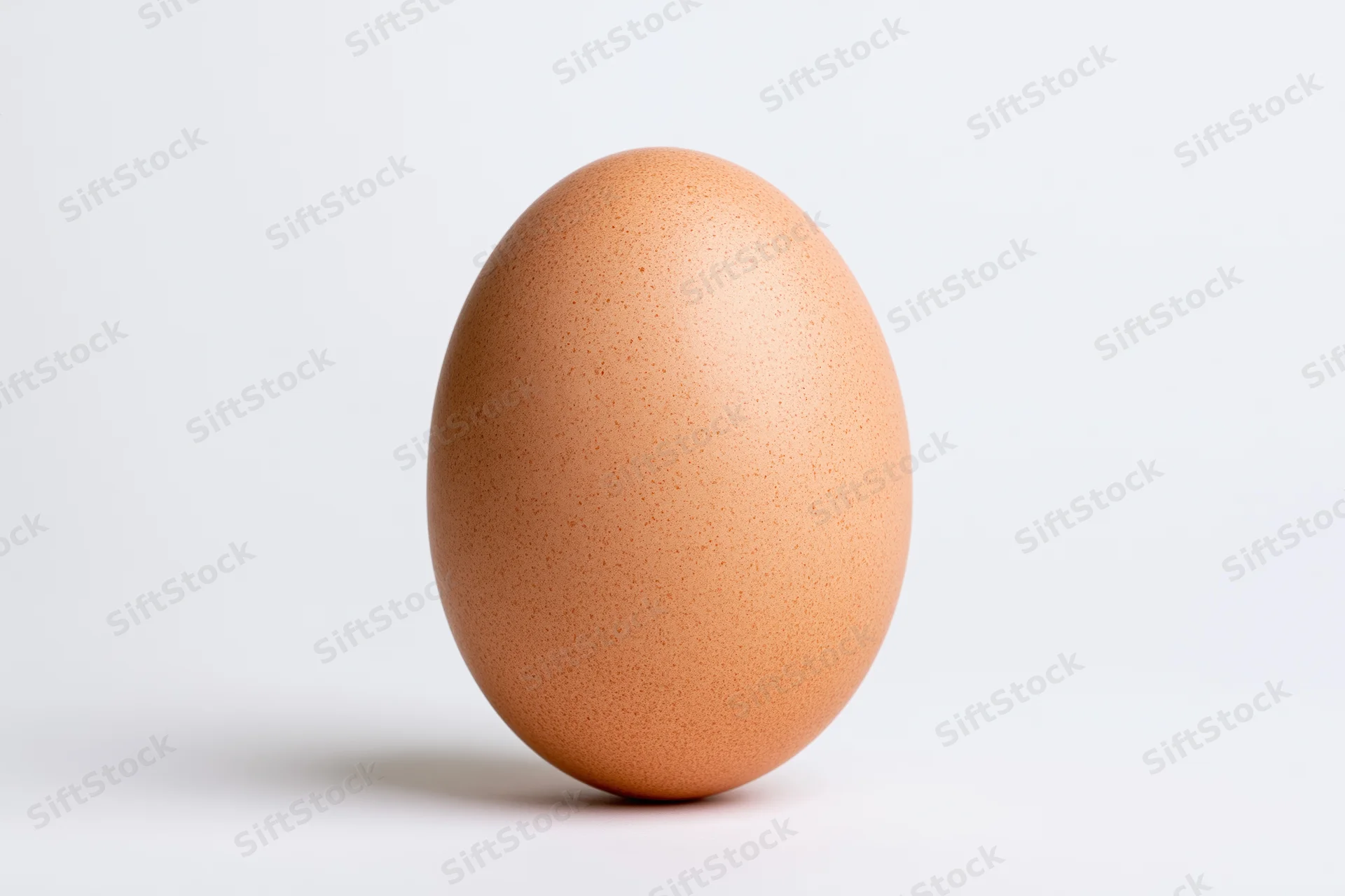 Single brown chicken egg standing upright on white background