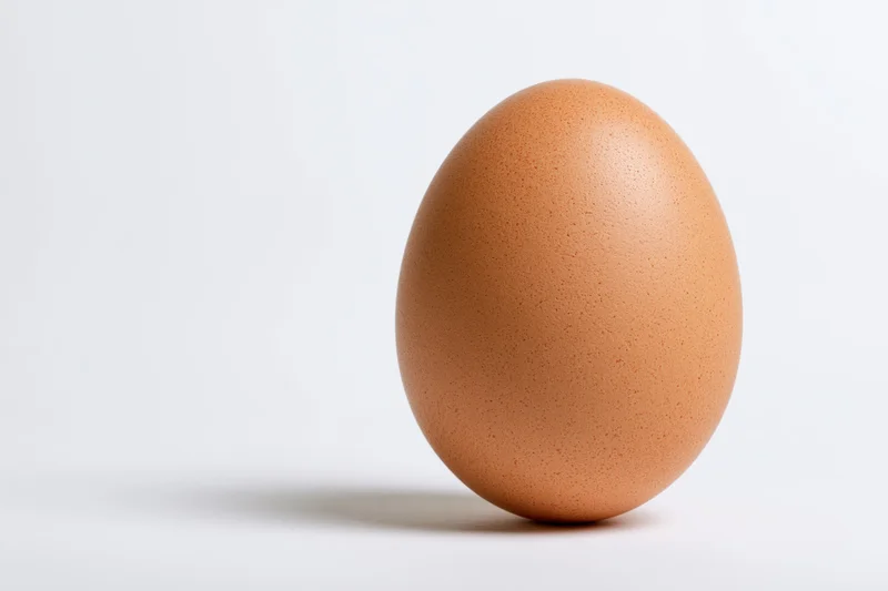 Single brown chicken egg standing upright on white surface