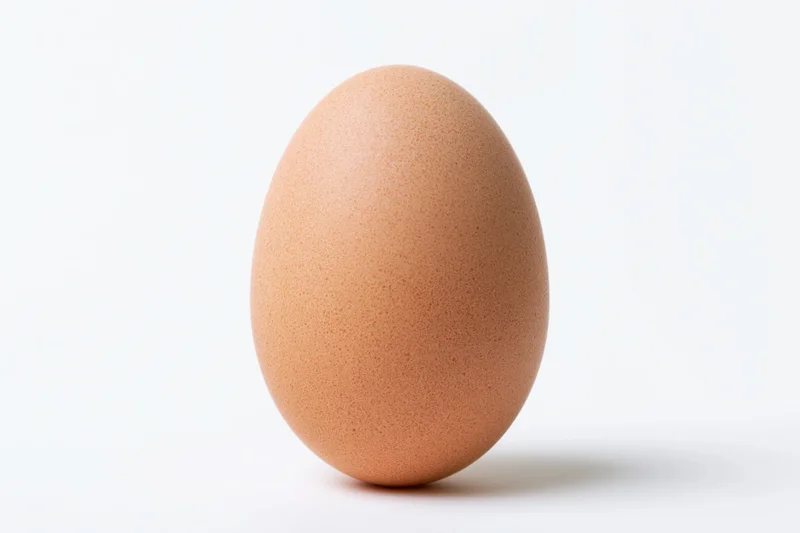 Single brown chicken egg standing upright on white background