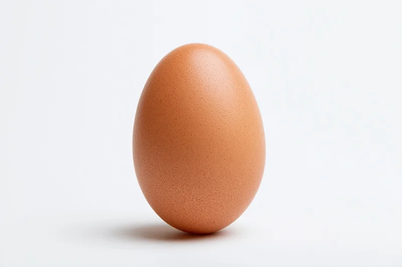 Single brown chicken egg standing upright on white background