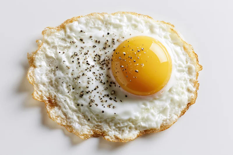 Single fried egg with runny yolk and black pepper on white surface
