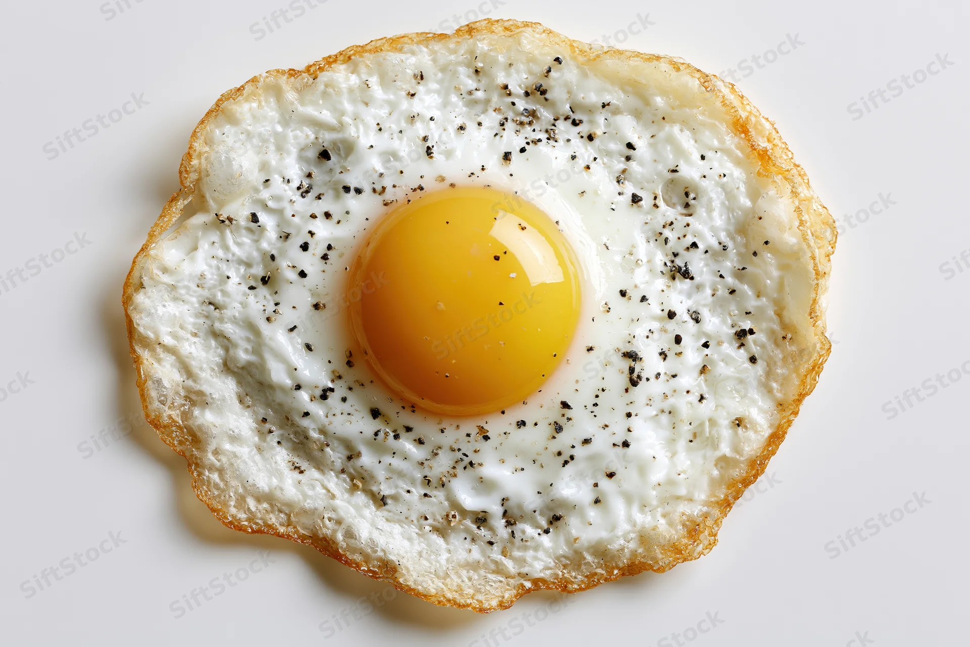 Single fried egg with runny yolk and pepper seasoning shot from directly overhead on white surface