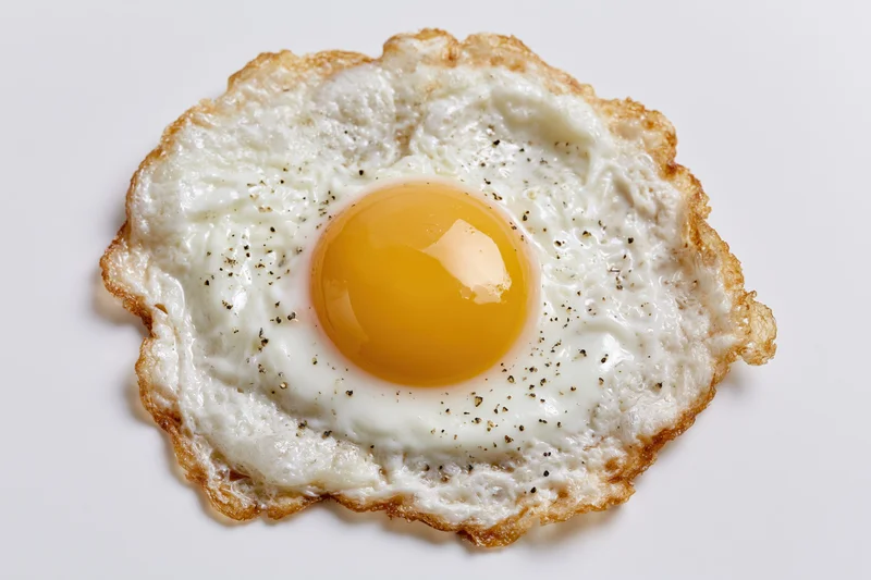 Single fried egg with runny yolk and pepper seasoning centered on white background