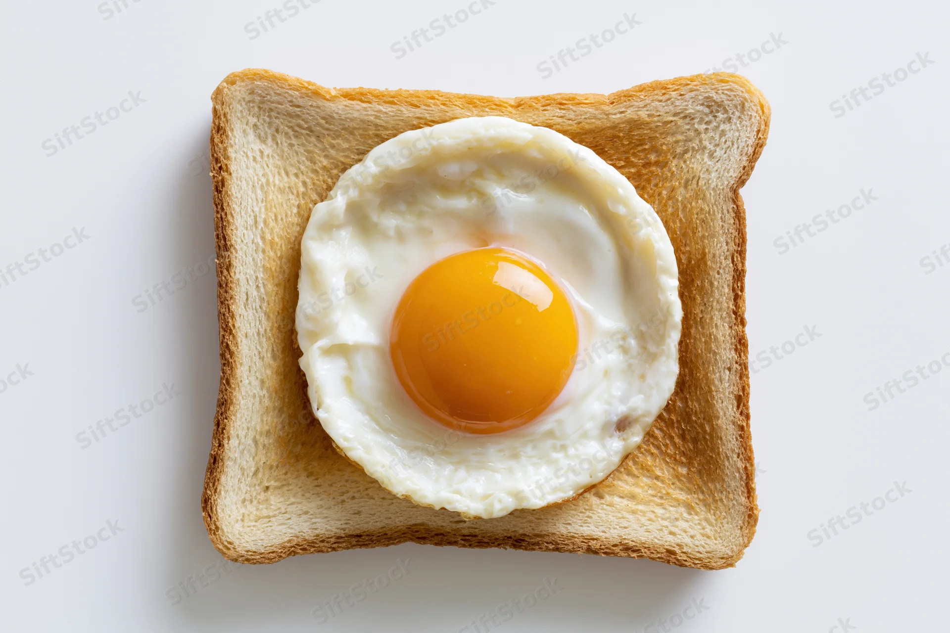 Single fried egg sunny-side-up resting on a square slice of toast