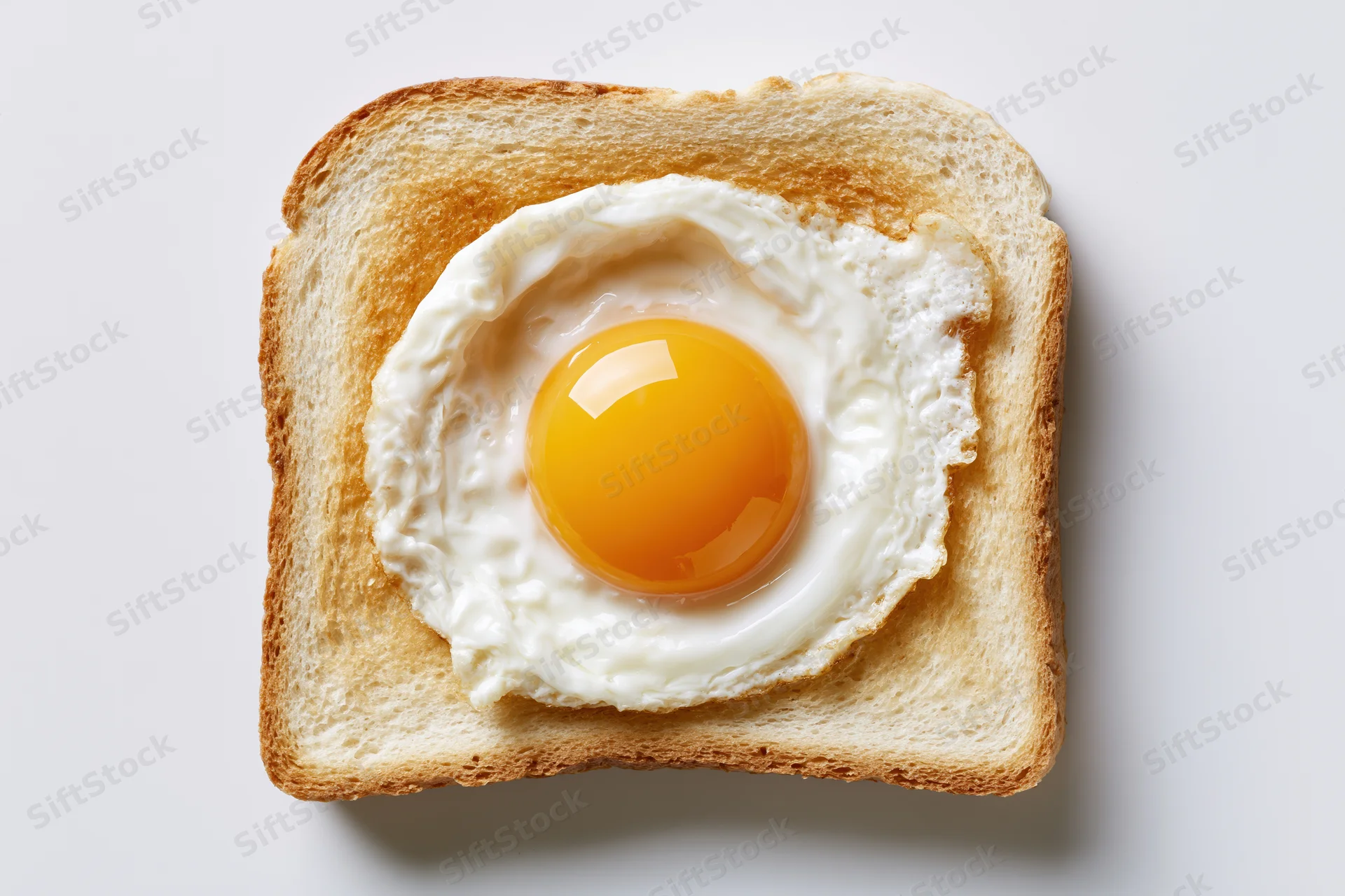 Single fried egg sunny-side up resting on a square slice of toast