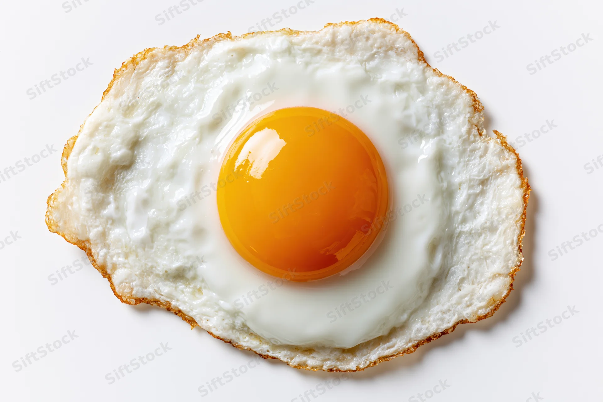 Single fried egg sunny side up viewed from directly overhead on white surface