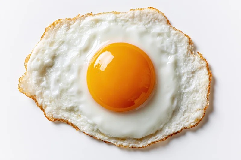 Single fried egg sunny side up viewed from directly overhead on white surface