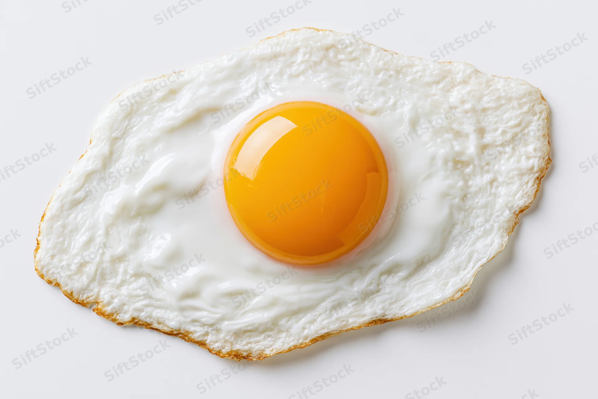 Single fried egg sunny side up viewed from directly overhead on white background