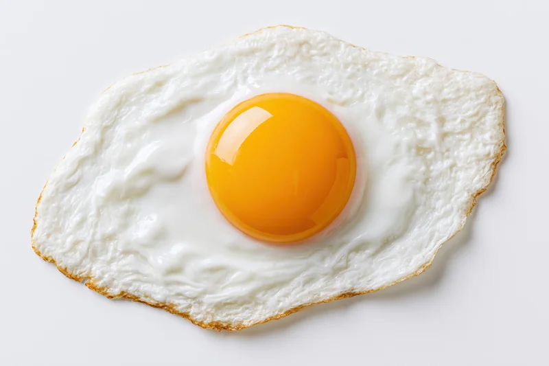 Single fried egg sunny side up viewed from directly overhead on white background