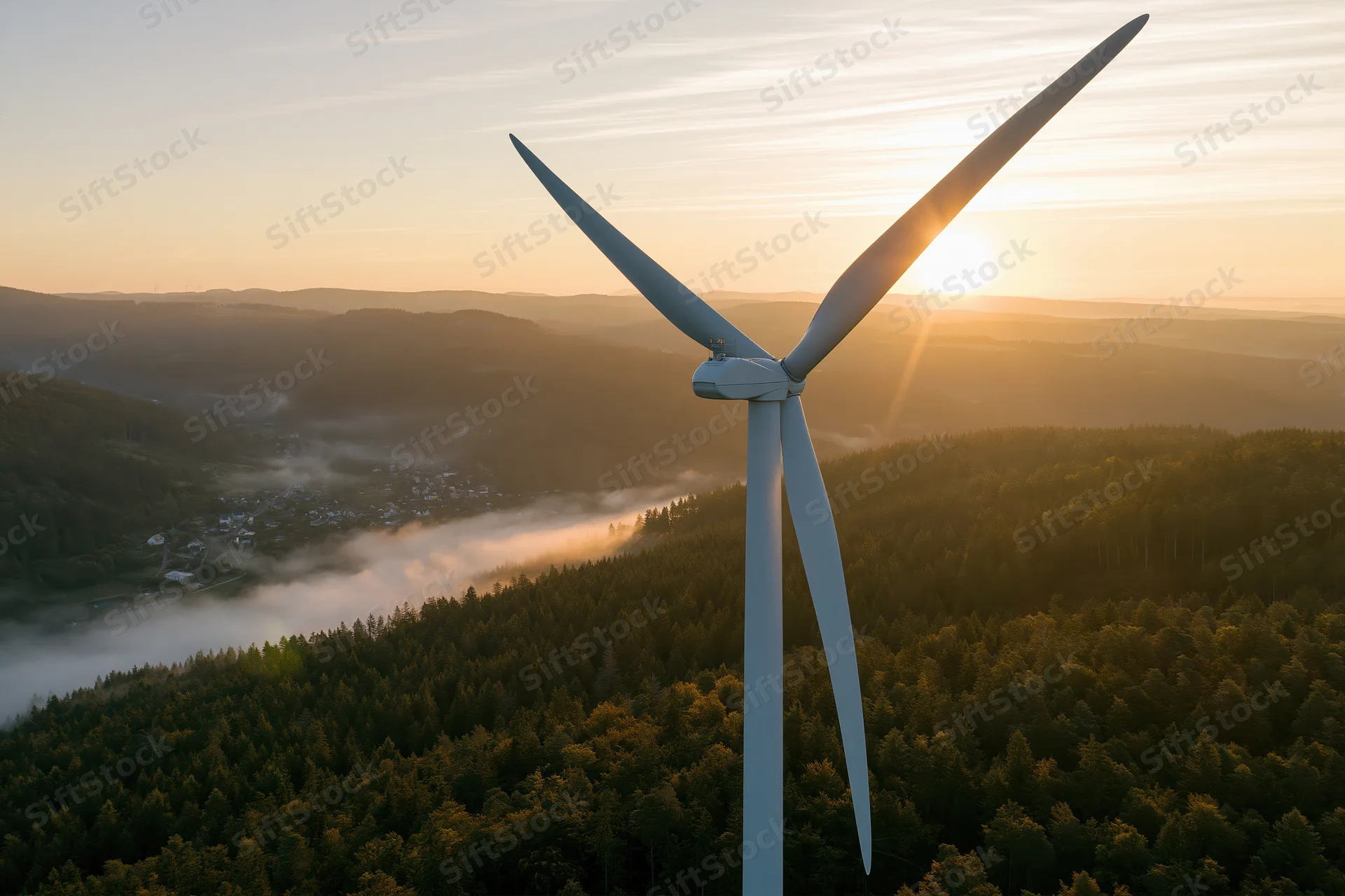 Wind turbine rising above dense forest at sunrise with mist in valley below