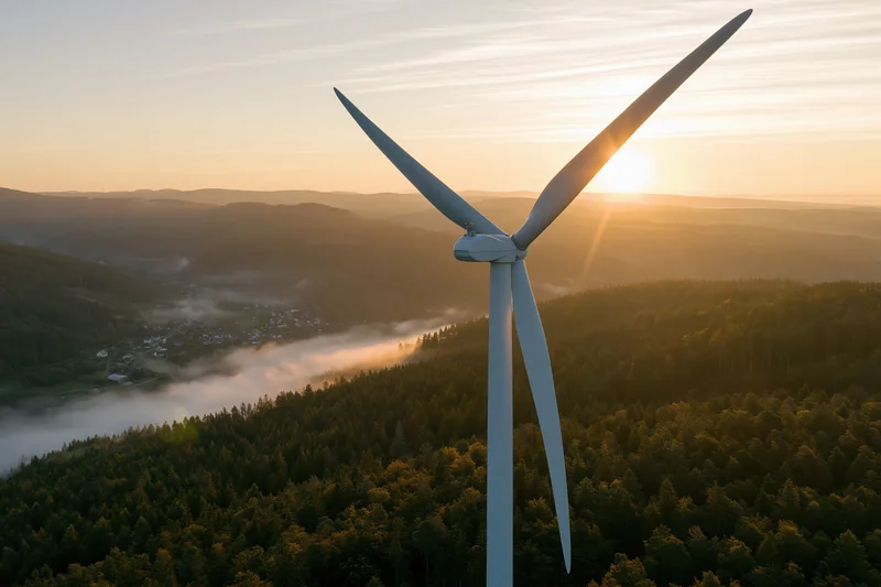 Wind turbine rising above dense forest at sunrise with mist in valley below