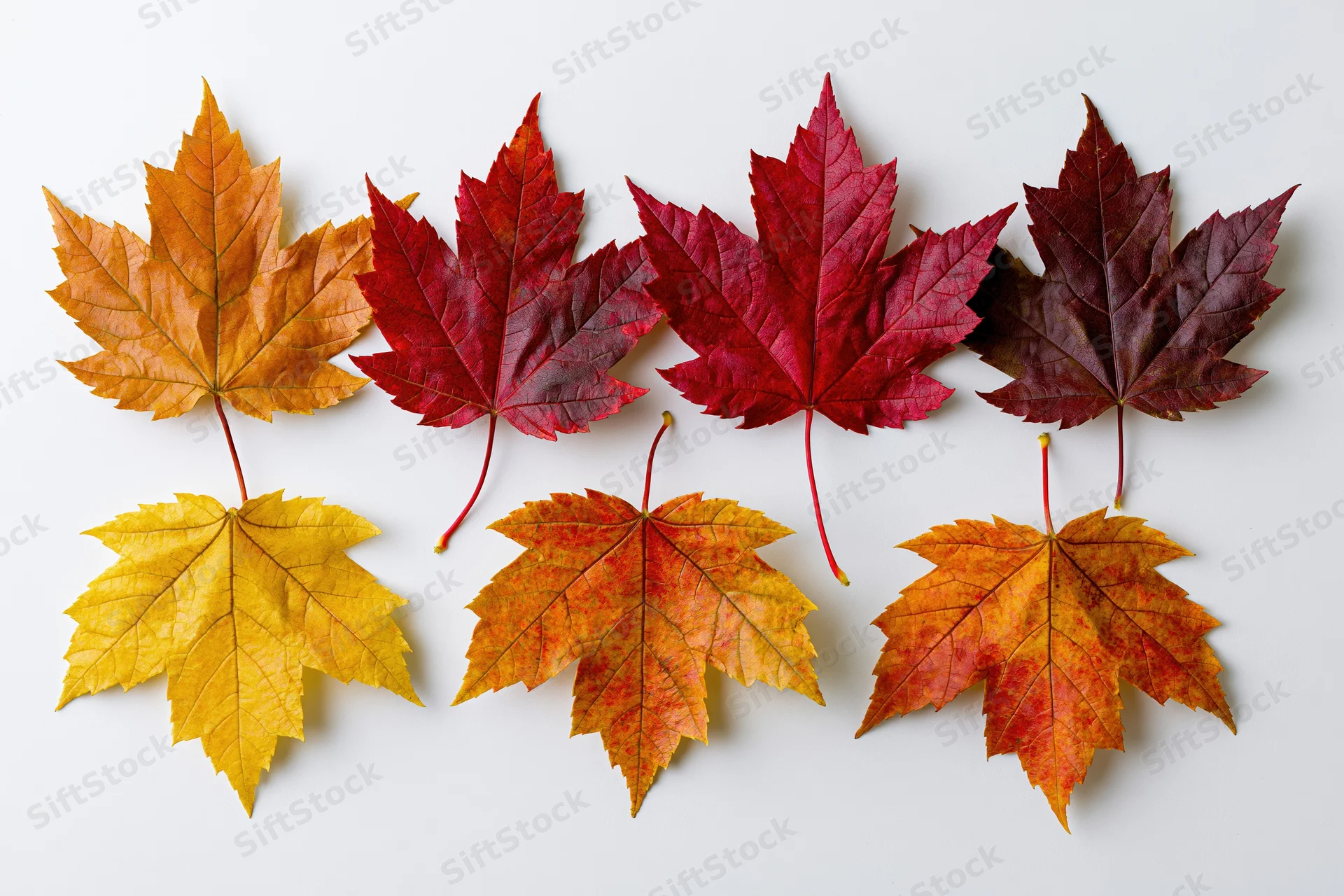 Six maple leaves arranged in two rows of three on a white background