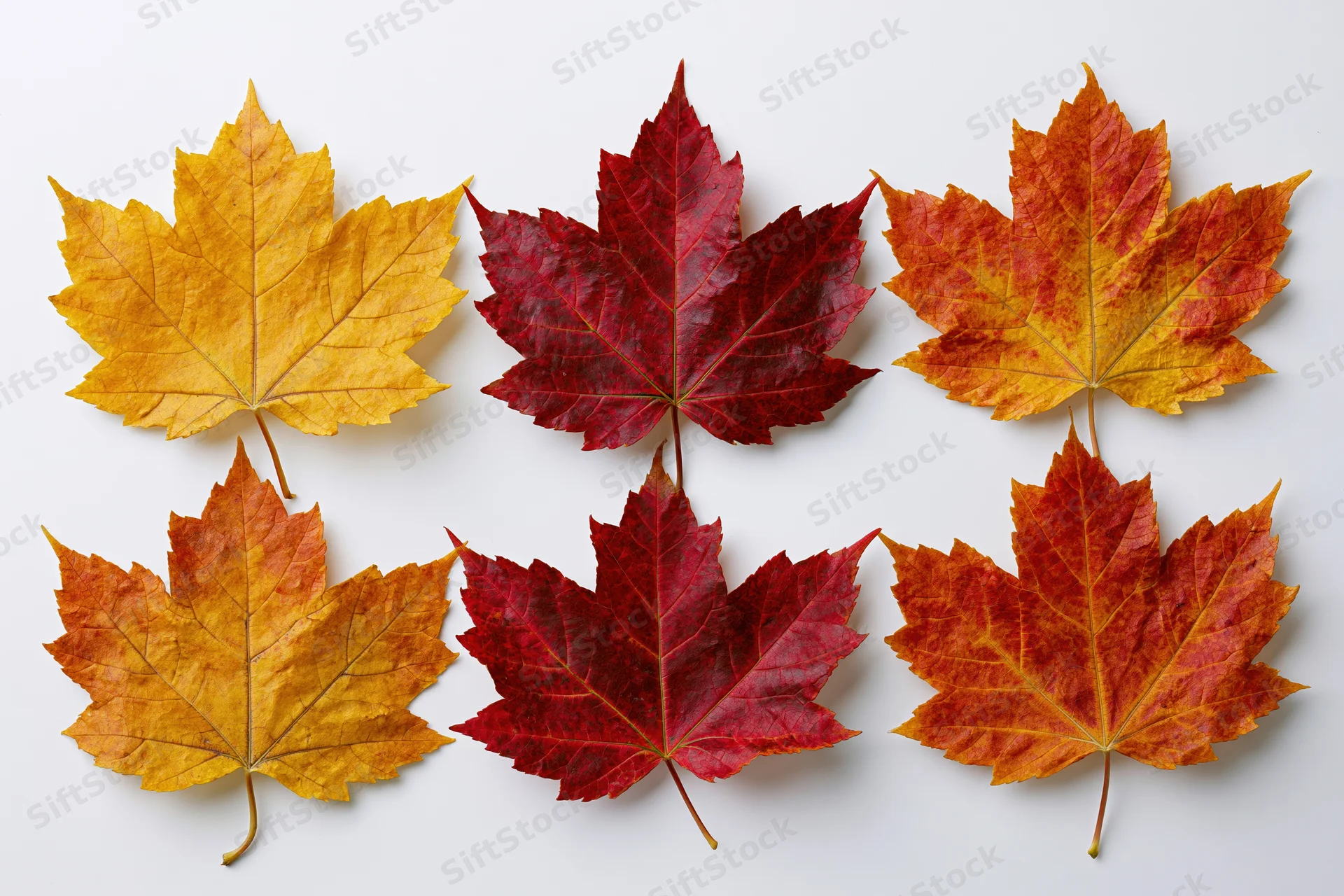 Six maple leaves arranged in two rows on a white surface