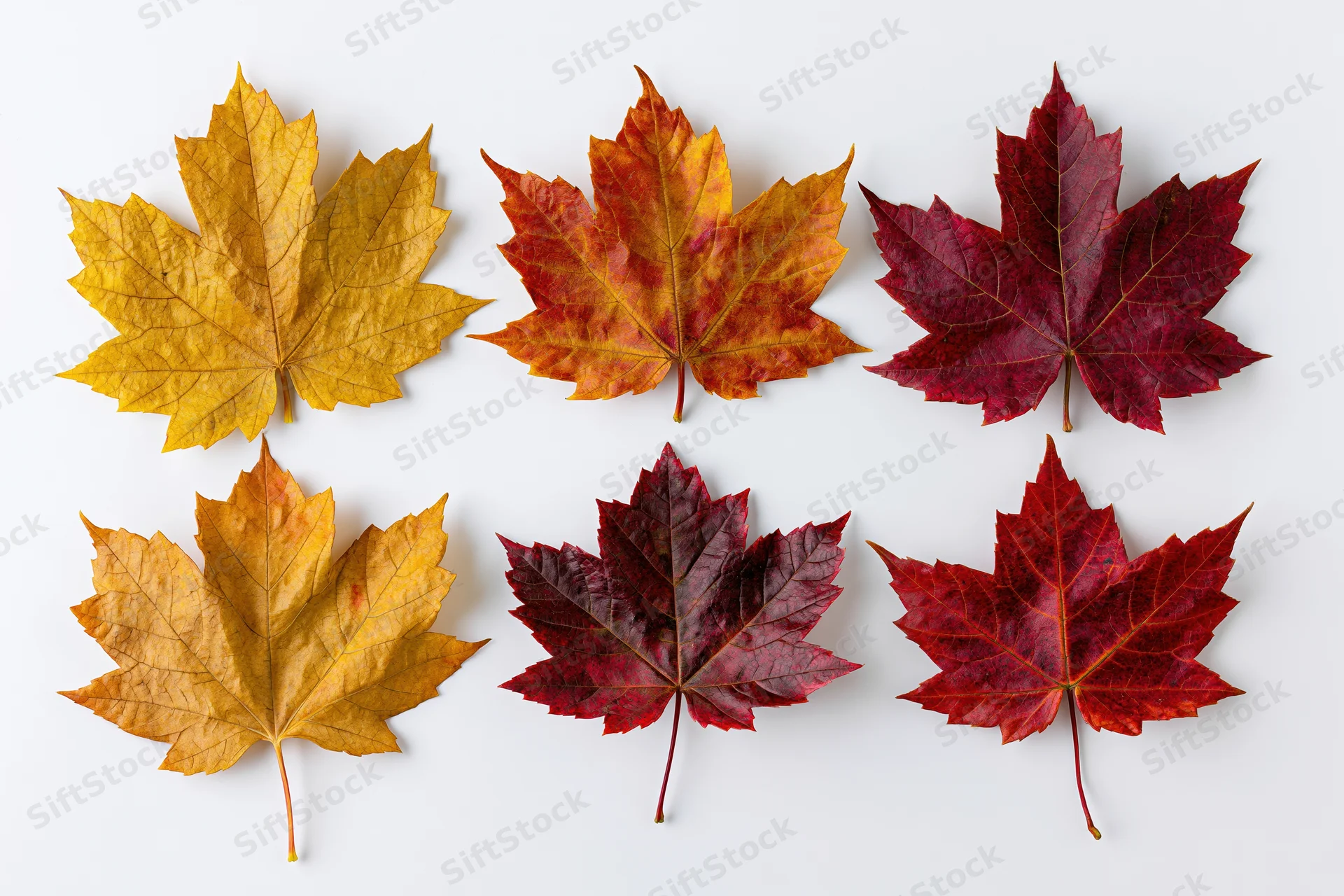 Six maple leaves arranged in two rows on a white background