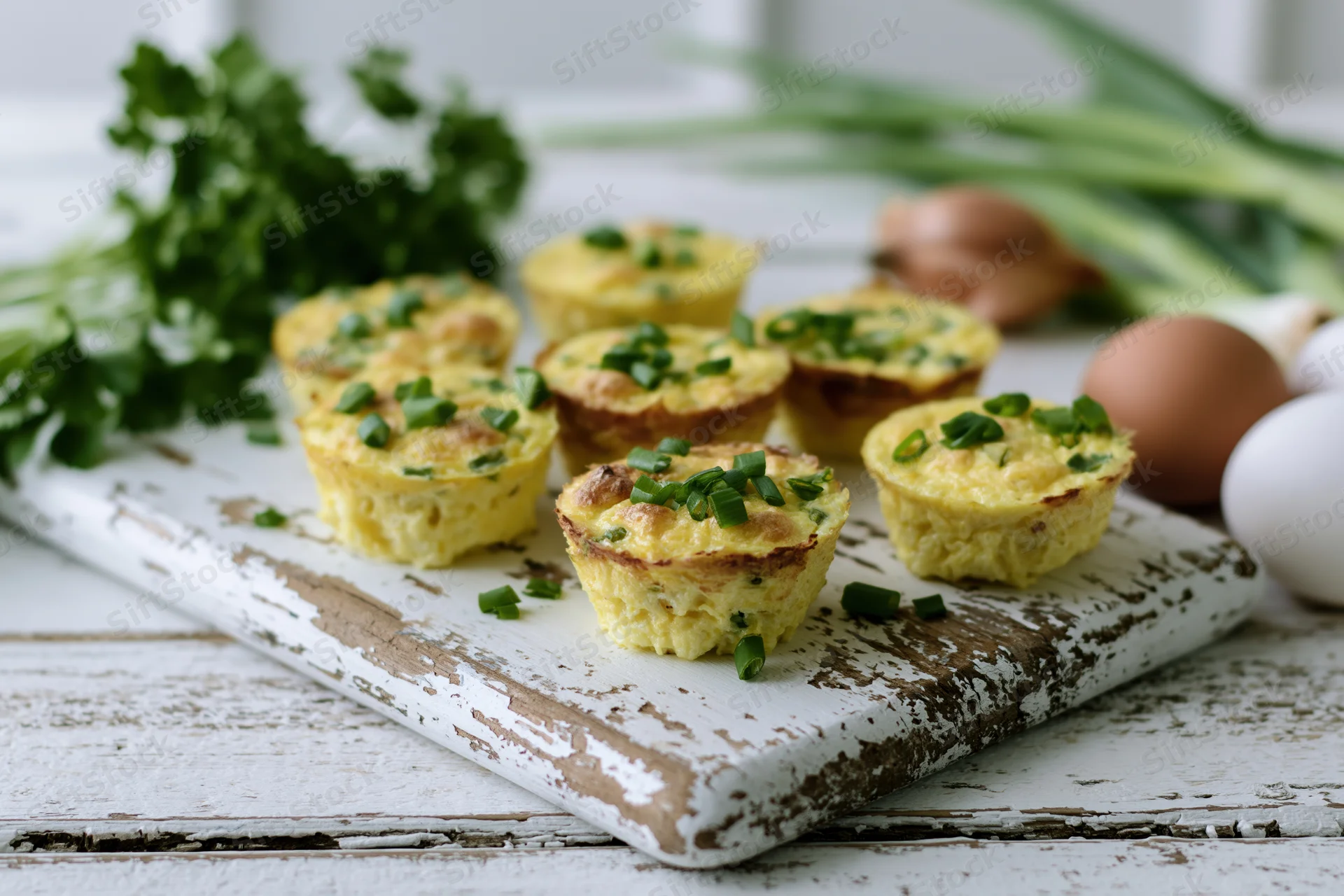 Baked egg muffins topped with chopped green onion arranged on a distressed white wooden cutting board