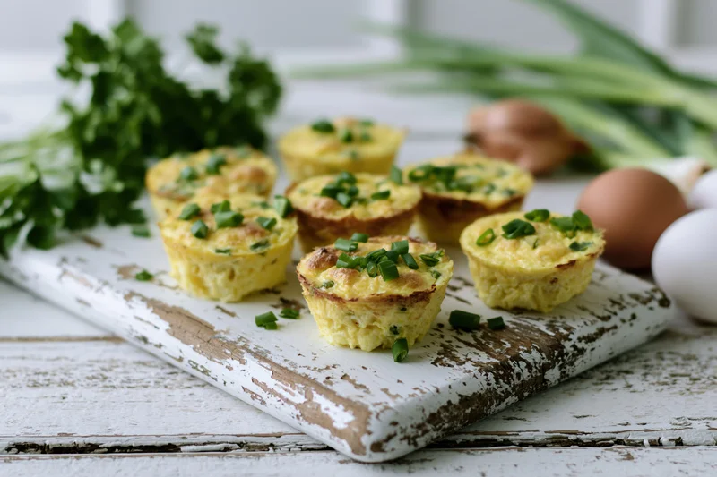 Baked egg muffins topped with chopped green onion arranged on a distressed white wooden cutting board
